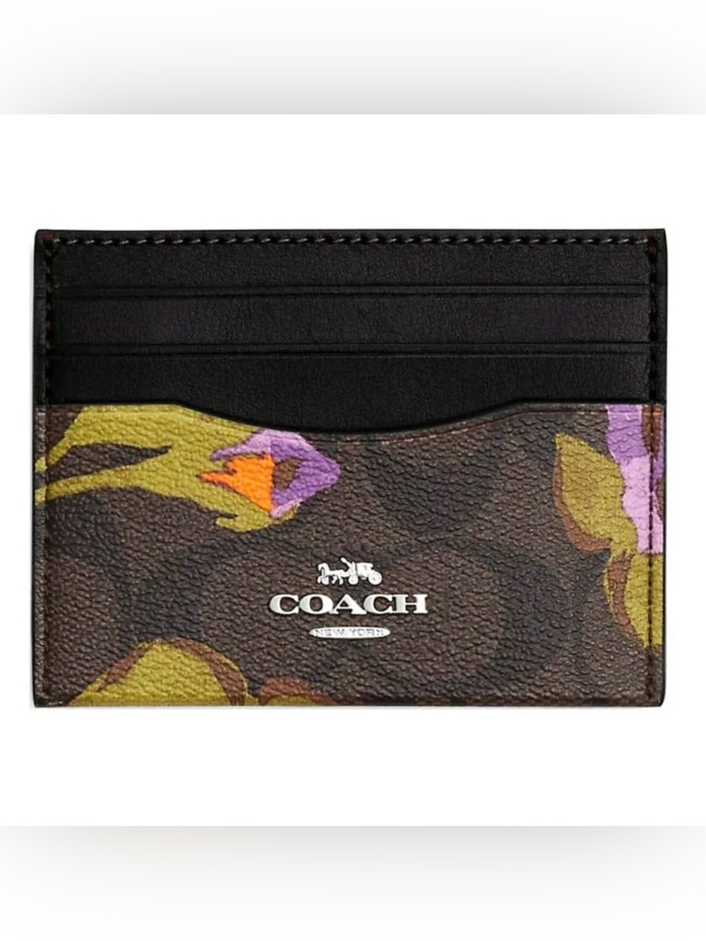 NWOT Coach Black Card Case with Multicolor Floral Print